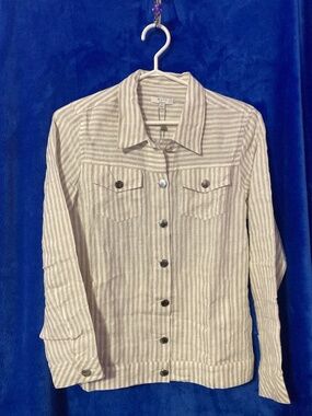 Button up striped blouse - tan and white